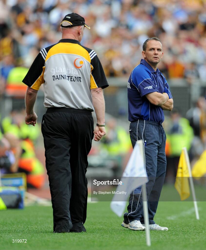 7 September 2008; Waterford manager Davy Fitzgerald, right, and Kilkenny manager Brian Cody during the game. GAA Hurling All-Ireland Senior Championship Final, Kilkenny v Waterford, Croke Park, Dublin. Picture credit: Stephen McCarthy / SPORTSFILE