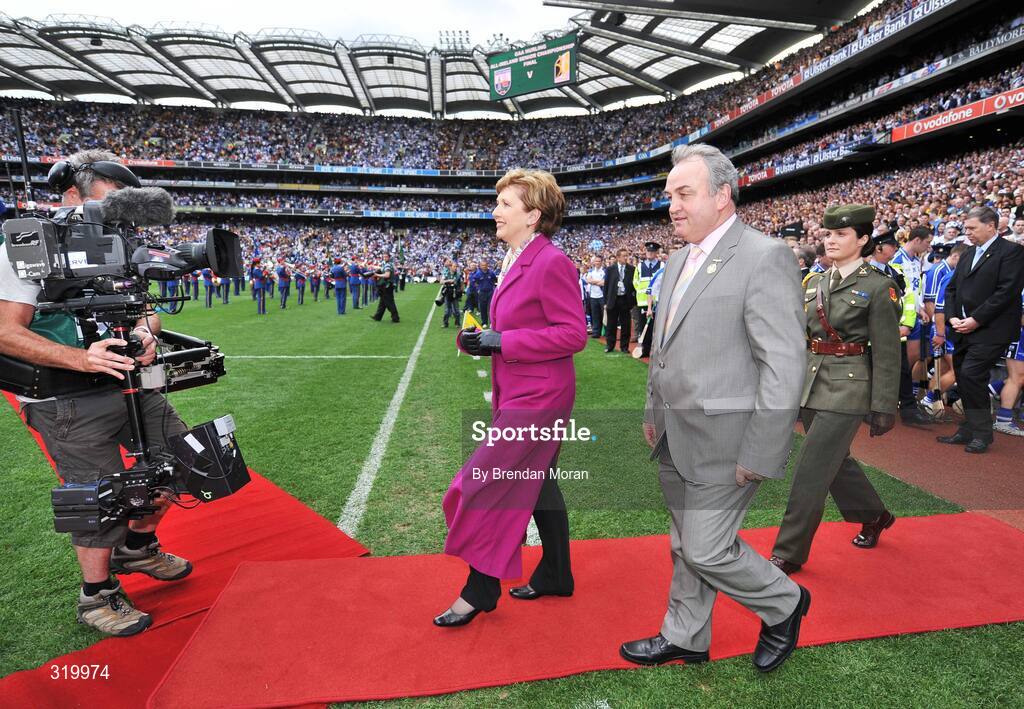 7 September 2008; President Mary McAleese, accompanied by GAA President Nickey Brennan, makes her way out to meet the teams before the game. GAA Hurling All-Ireland Senior Championship Final, Kilkenny v Waterford, Croke Park, Dublin. Picture credit: Brendan Moran / SPORTSFILE