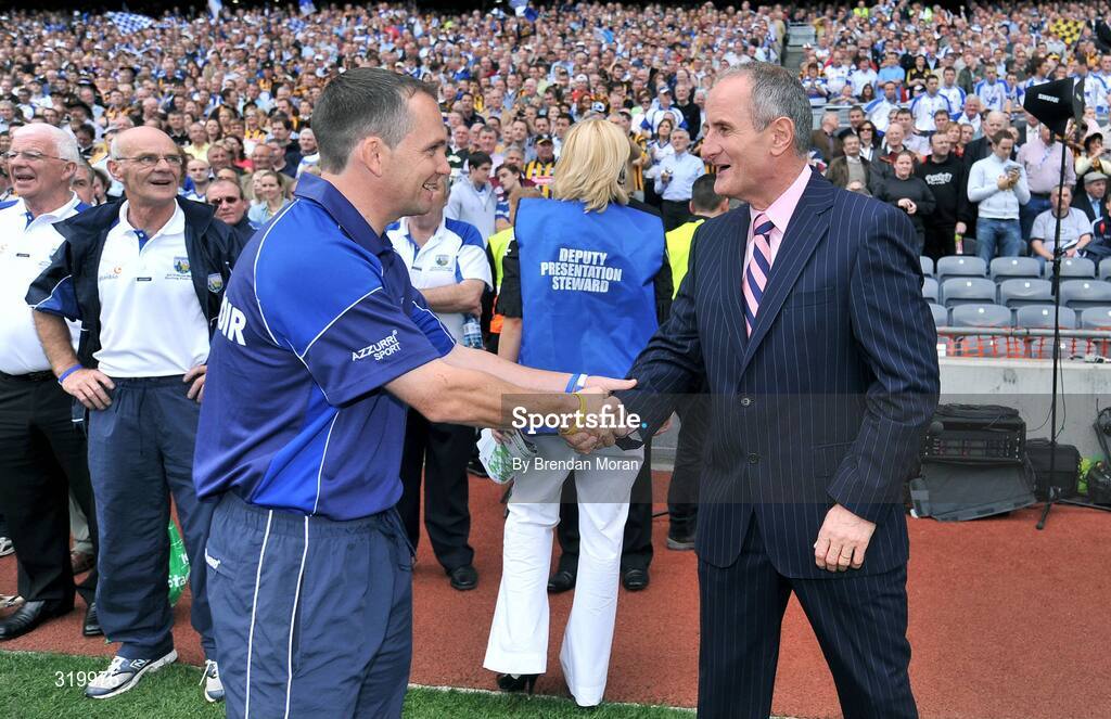 7 September 2008; Dr. Martin McAleese, husband of President Mary McAleese, greets Waterford manager Davy Fitzgerald before the game. GAA Hurling All-Ireland Senior Championship Final, Kilkenny v Waterford, Croke Park, Dublin. Picture credit: Brendan Moran / SPORTSFILE