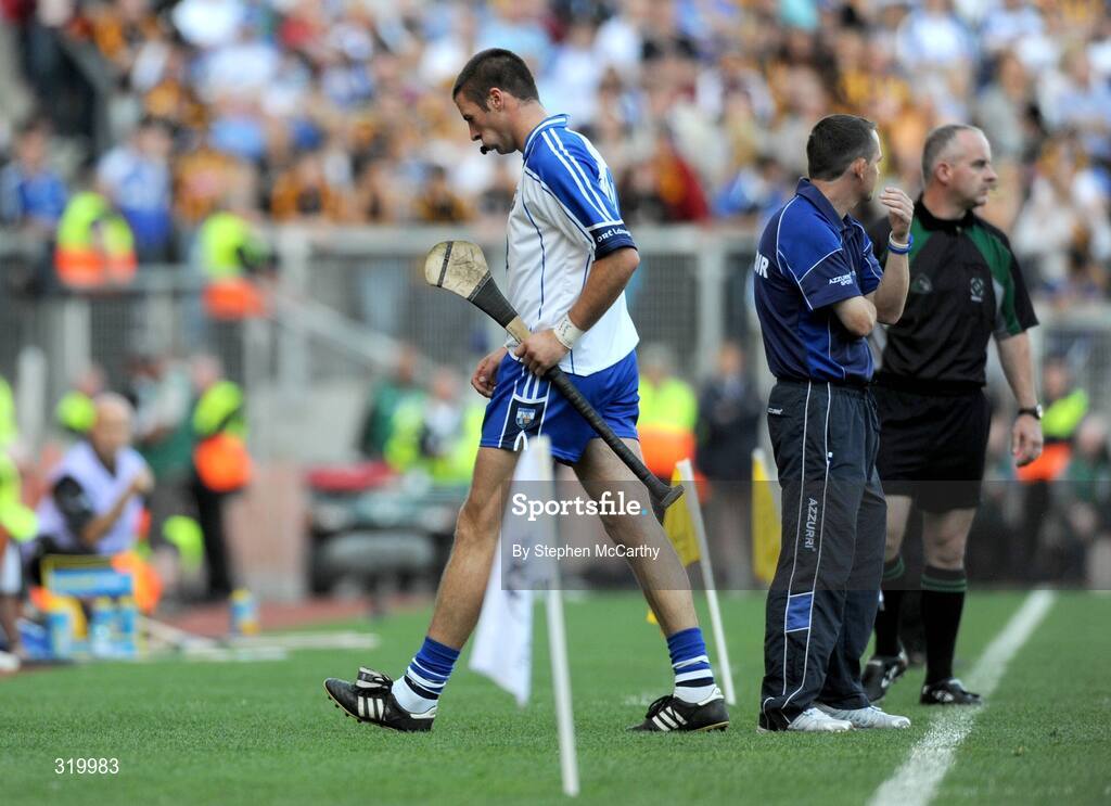 7 September 2008; Dan Shanahan, Waterford, walks past manager Davy Fitzgerald after being substituted. GAA Hurling All-Ireland Senior Championship Final, Kilkenny v Waterford, Croke Park, Dublin. Picture credit: Stephen McCarthy / SPORTSFILE