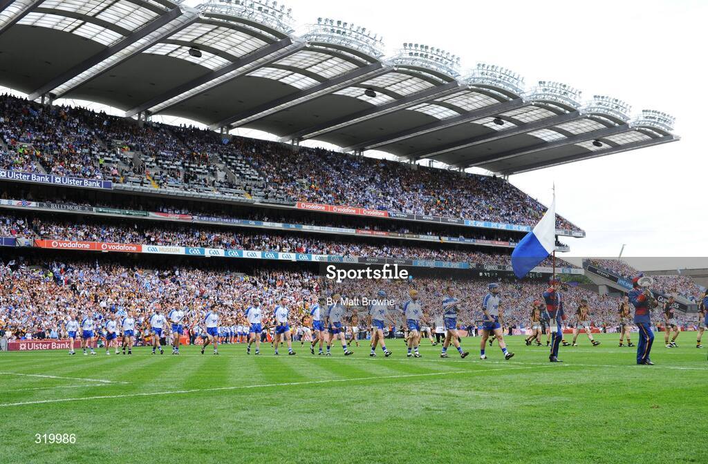7 September 2008; The Waterford team led by captain Michael Walsh during the parade. GAA Hurling All-Ireland Senior Championship Final, Kilkenny v Waterford, Croke Park, Dublin. Picture credit: Matt Browne / SPORTSFILE