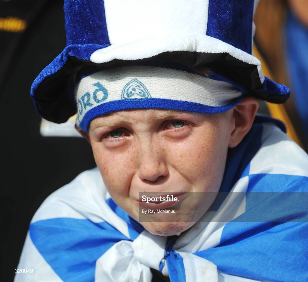 7 September 2008; Twelve-year-old Waterford supporter Sean O'Sullivan, from Ballysaggart, cries during the last ten minutes of the game. GAA Hurling All-Ireland Senior Championship Final, Kilkenny v Waterford, Croke Park, Dublin. Picture credit: Ray McManus / SPORTSFILE