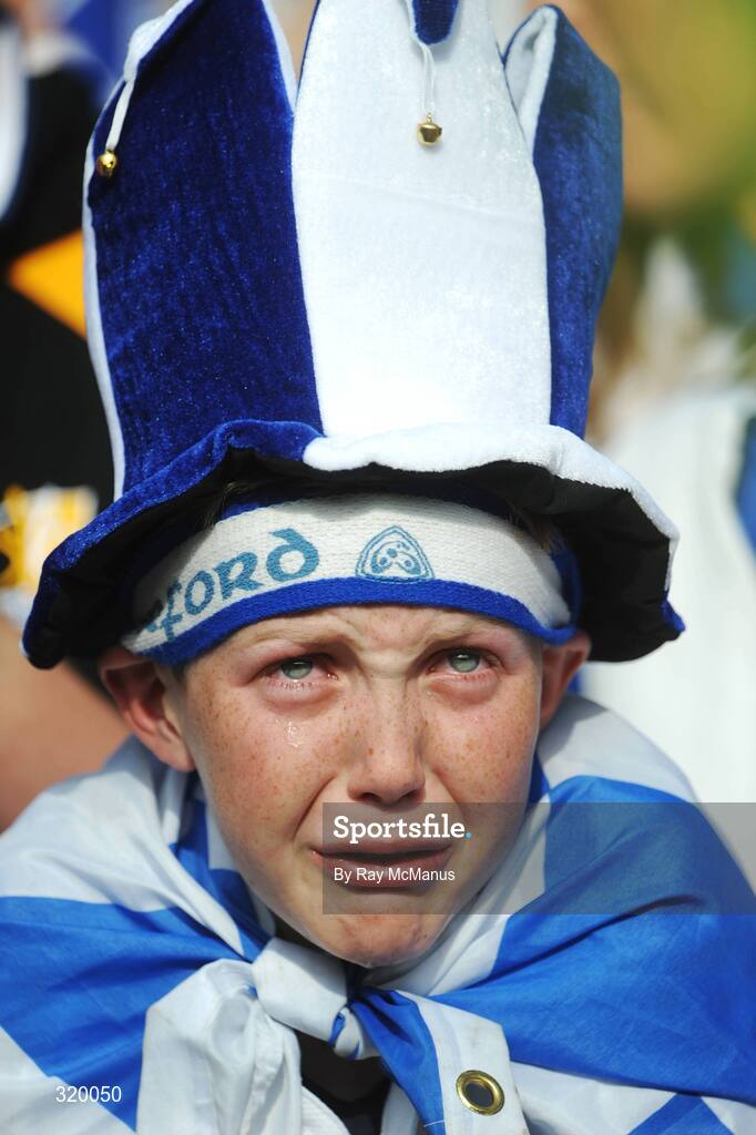 7 September 2008; Twelve-year-old Waterford supporter Sean O'Sullivan, from Ballysaggart, cries during the last ten minutes of the game. GAA Hurling All-Ireland Senior Championship Final, Kilkenny v Waterford, Croke Park, Dublin. Picture credit: Ray McManus / SPORTSFILE