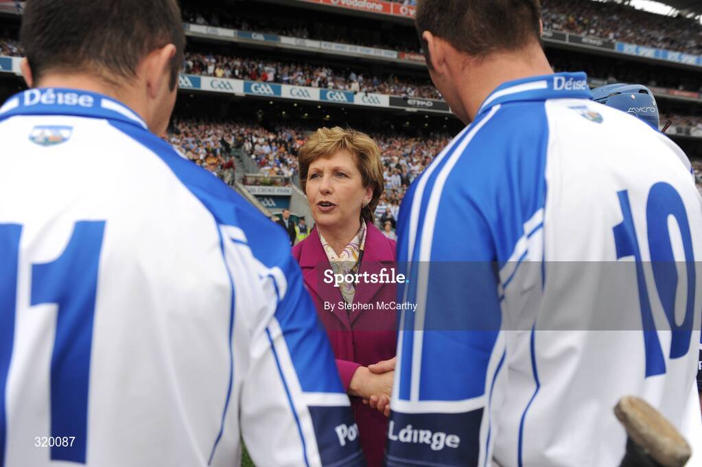 7 September 2008; President of Ireland Mary McAleese is introduced to Seamus Prendergast, left, and Dan Shanahan, Waterford, ahead of the game. GAA Hurling All-Ireland Senior Championship Final, Kilkenny v Waterford, Croke Park, Dublin. Picture credit: Stephen McCarthy / SPORTSFILE