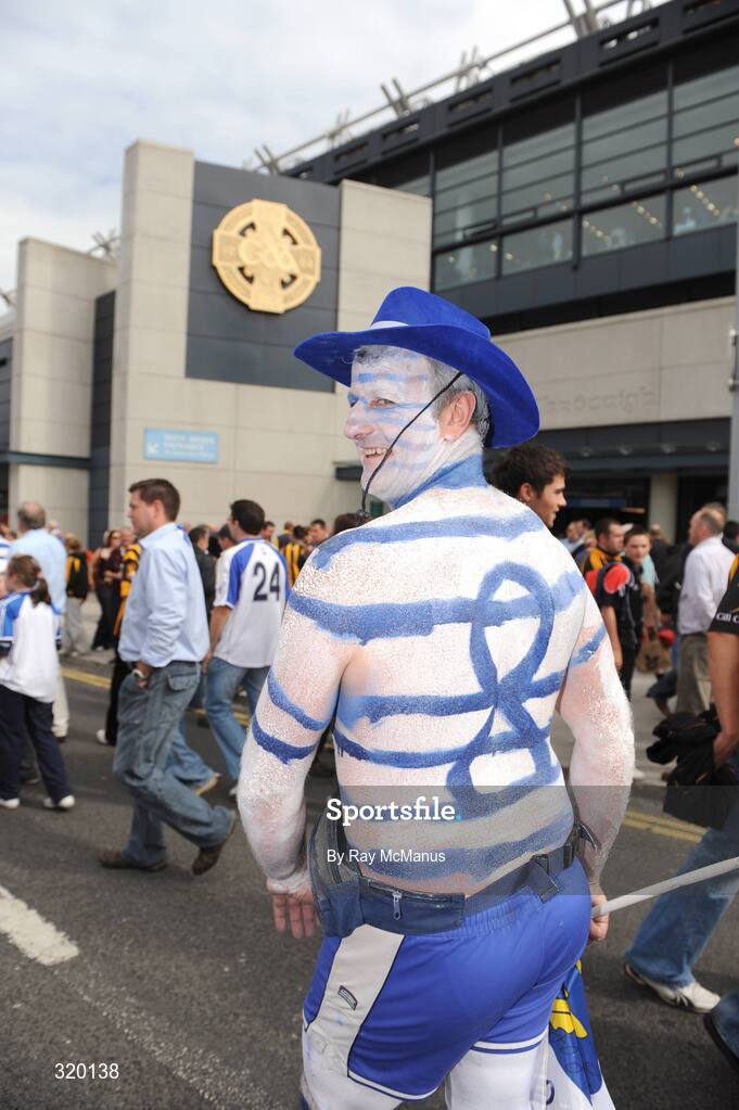 7 September 2008; Mick O'Rourke, from Melleray, Co. Waterford, painted in his team's colours, makes his way to the game. GAA Hurling All-Ireland Senior Championship Final, Kilkenny v Waterford, Croke Park, Dublin. Picture credit: Ray McManus / SPORTSFILE