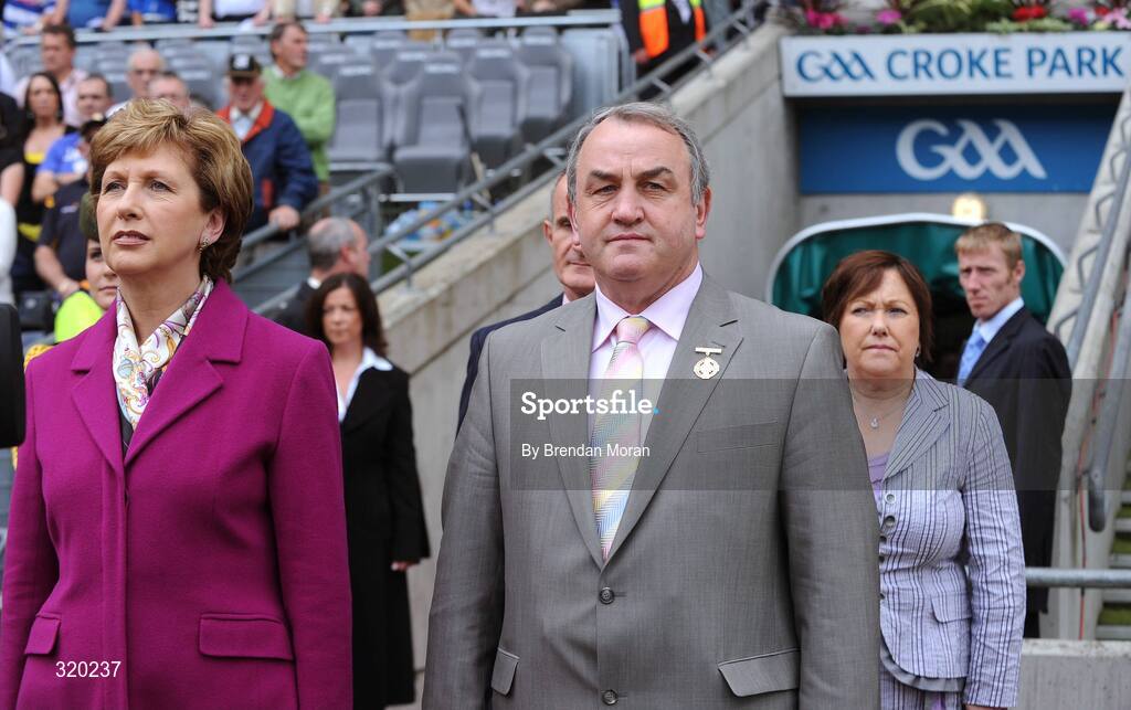 7 September 2008; President Mary McAleese is accompanied by GAA President Nickey Brennan before meeting the teams before the game. GAA Hurling All-Ireland Senior Championship Final, Kilkenny v Waterford, Croke Park, Dublin. Picture credit: Brendan Moran / SPORTSFILE