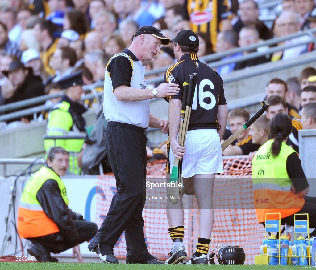 7 September 2008; Kilkenny manager Brian Cody has a last word with goalkeeper James McGarry before sending him on as a substitute late in the game. GAA Hurling All-Ireland Senior Championship Final, Kilkenny v Waterford, Croke Park, Dublin. Picture credit: Brendan Moran / SPORTSFILE