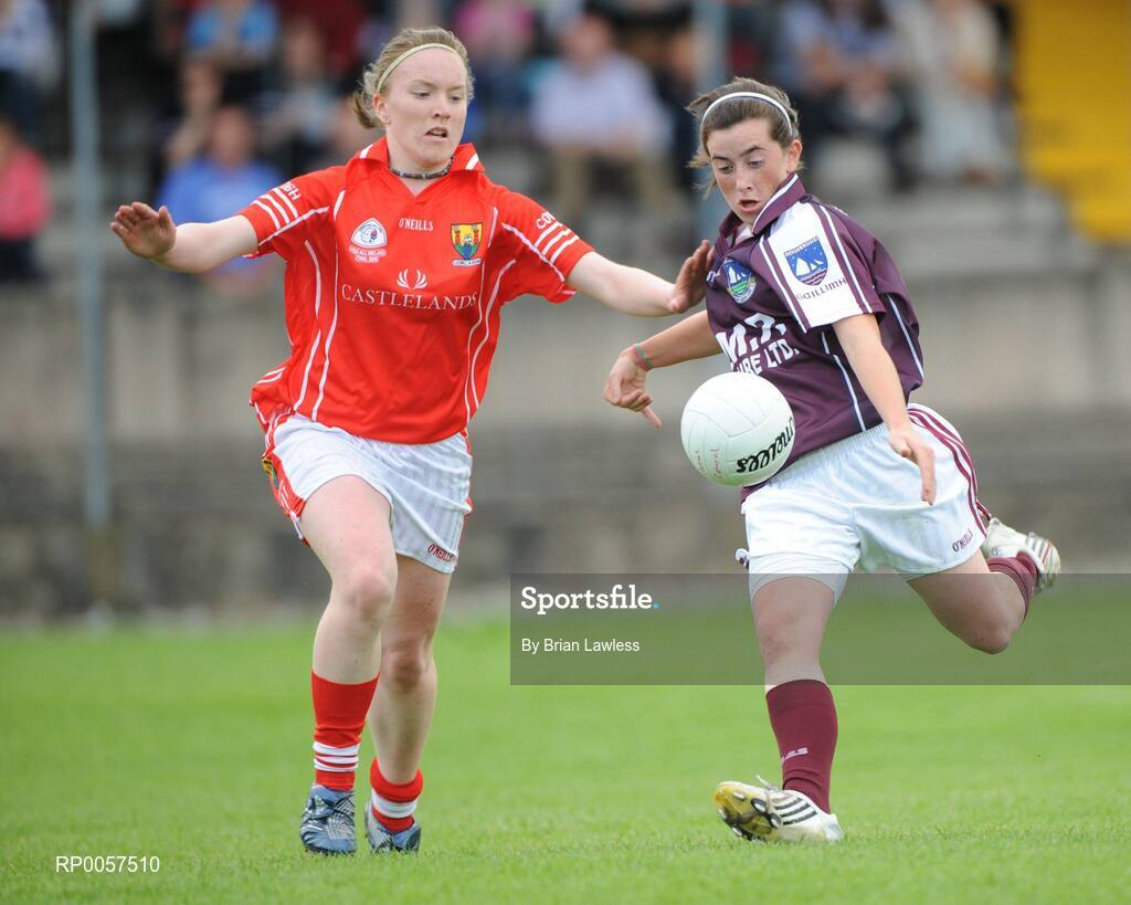 31 August 2008; Michelle Burke, Galway, in action against Patricia Dunne, Cork. All-Ireland Ladies U16 A Football Championship Final, Cork v Galway, McDonagh Park, Nenagh, Co. Tipperary. Picture credit: Brian Lawless / SPORTSFILE