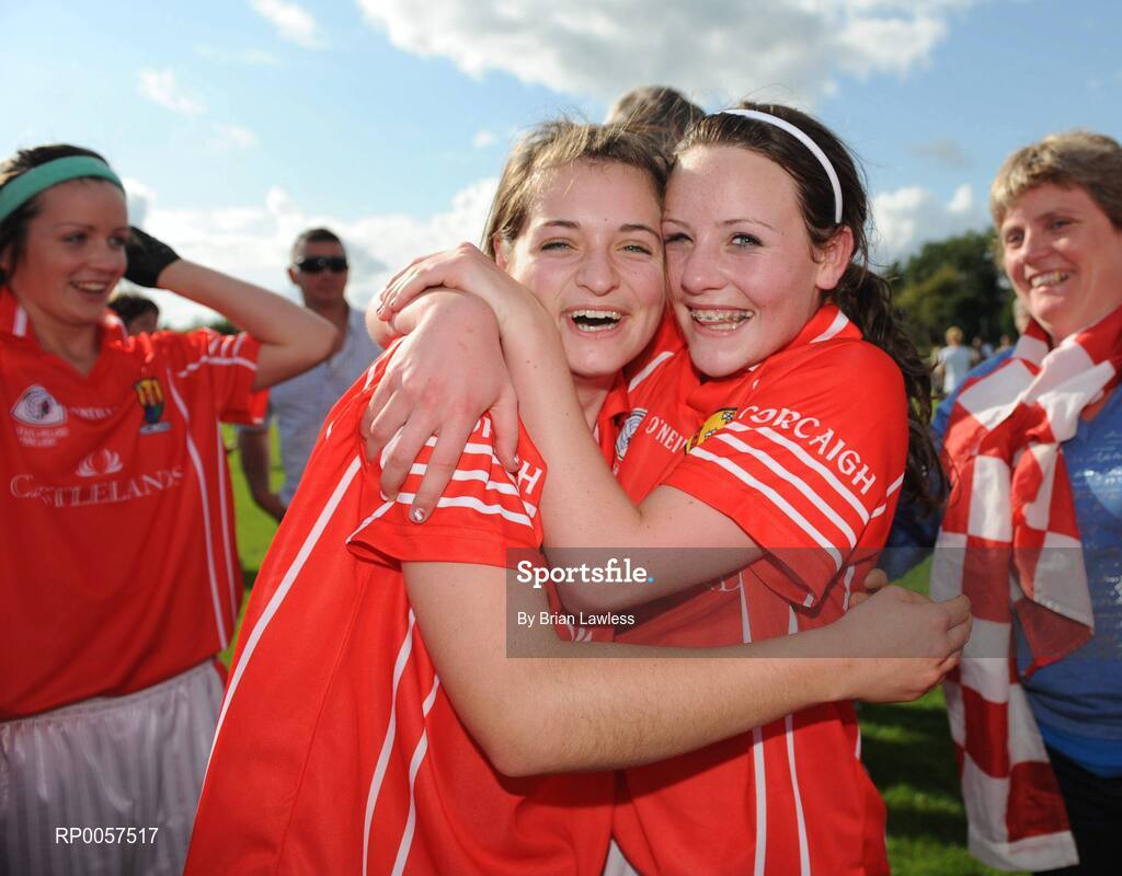 31 August 2008; Cork players Kate Harrington, left, and Orlagh Farmer, celebrate after the match. All-Ireland Ladies U16 A Football Championship Final, Cork v Galway, McDonagh Park, Nenagh, Co. Tipperary. Picture credit: Brian Lawless / SPORTSFILE