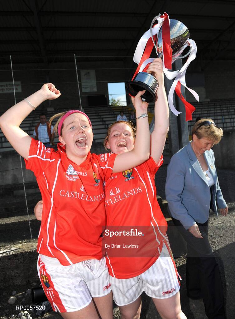31 August 2008; Cork co-captains Denise Cronin, right, and Ciara Sherlock, celebrate with the cup. All-Ireland Ladies U16 A Football Championship Final, Cork v Galway, McDonagh Park, Nenagh, Co. Tipperary. Picture credit: Brian Lawless / SPORTSFILE