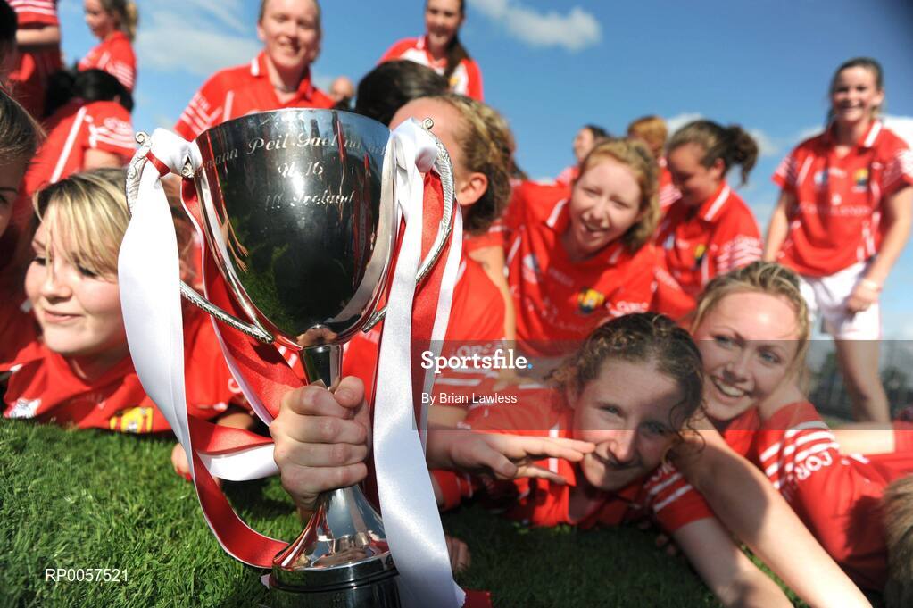 31 August 2008; Cork players celebrate with the cup. All-Ireland Ladies U16 A Football Championship Final, Cork v Galway, McDonagh Park, Nenagh, Co. Tipperary. Picture credit: Brian Lawless / SPORTSFILE