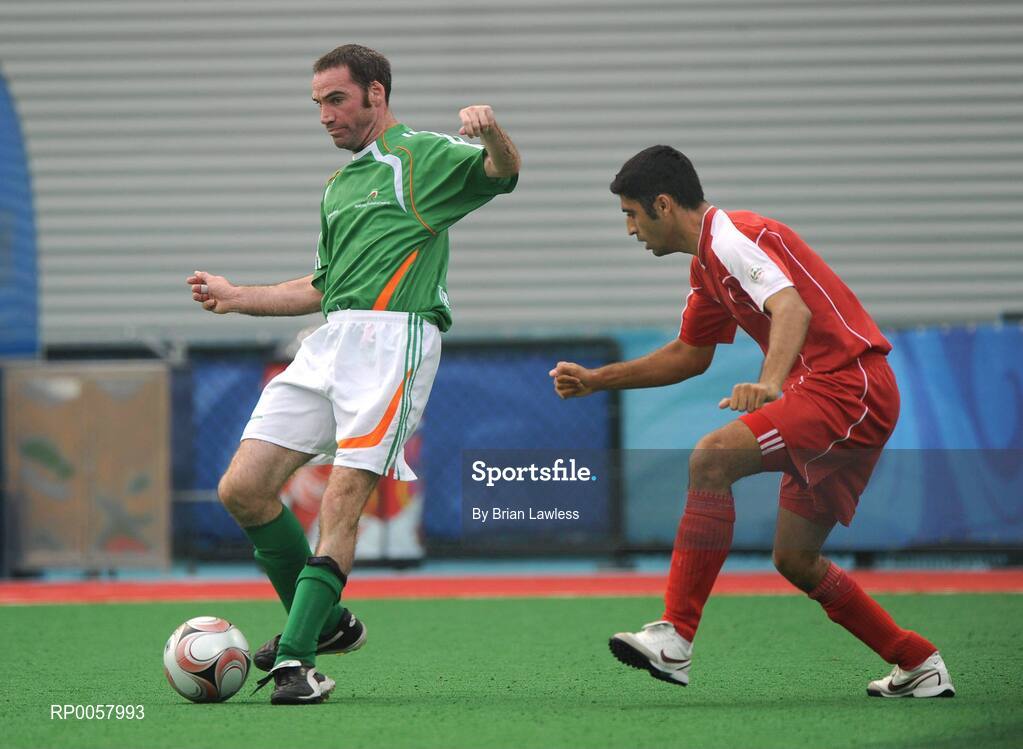 8 September 2008; Ireland's Alan O'Hara, from Portrane, Dublin, in action against Morteza Heidari, Iran. Beijing Paralympic Games 2008, Ireland v Iran, 7-A-Side Soccer, First Round, Group B, Olympic Green Hockey Field A, Beijing, China. Picture credit: Brian Lawless / SPORTSFILE