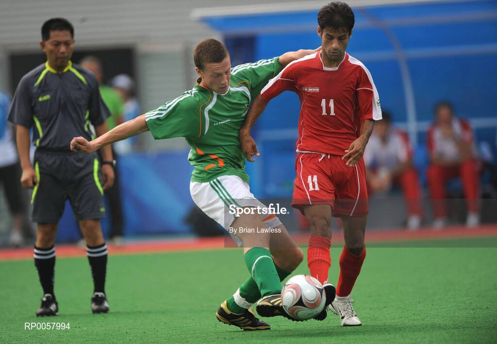 8 September 2008; Ireland's Luke Evans, from Artane, Dublin, in action against Rasoul Atashafrouz, Iran. Beijing Paralympic Games 2008, Ireland v Iran, 7-A-Side Soccer, First Round, Group B, Olympic Green Hockey Field A, Beijing, China. Picture credit: Brian Lawless / SPORTSFILE