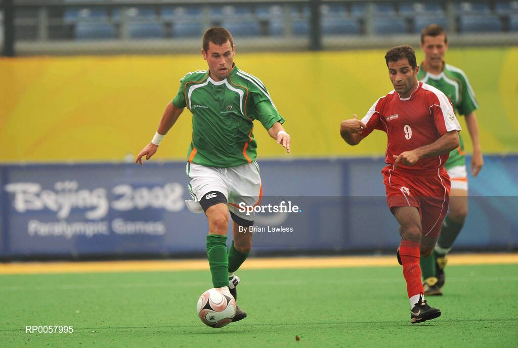 8 September 2008; Finbarr O'Riordan, from Mitchelstown, Co. Cork, in action against Morteza Heidari, Iran. Beijing Paralympic Games 2008, Ireland v Iran, 7-A-Side Soccer, First Round, Group B, Olympic Green Hockey Field A, Beijing, China. Picture credit: Brian Lawless / SPORTSFILE