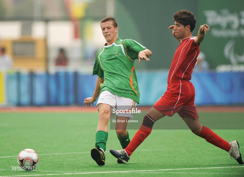 8 September 2008; Ireland's Luke Evans, from Artane, Dublin, in action against Moslem Akbari, Iran. Beijing Paralympic Games 2008, Ireland v Iran, 7-A-Side Soccer, First Round, Group B, Olympic Green Hockey Field A, Beijing, China. Picture credit: Brian Lawless / SPORTSFILE