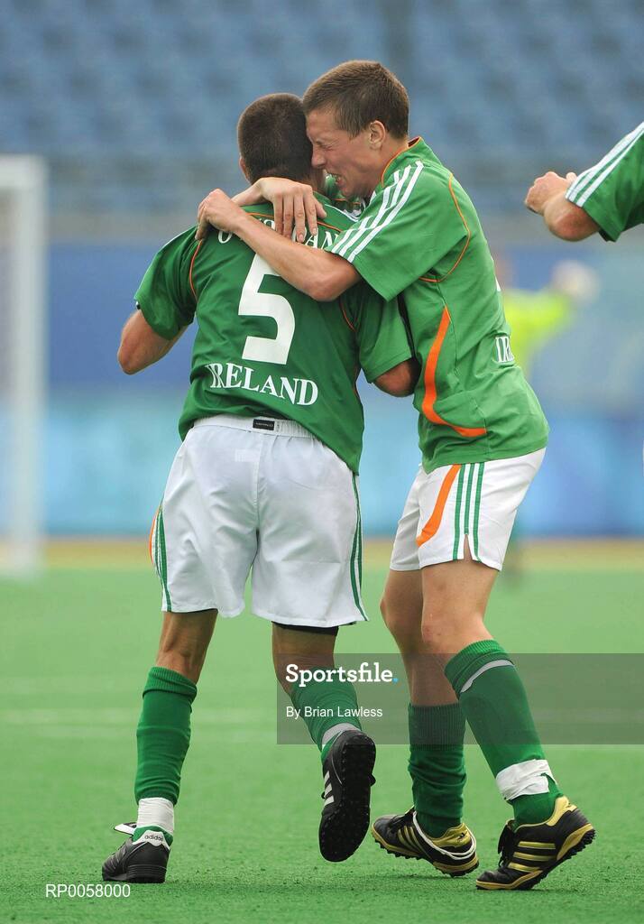 8 September 2008; Ireland's Finbarr O'Riordan, from Mitchelstown, Co. Cork, left, is congratulated  by team-mate Luke Evans, from Artane, Dublin, after scoring his side's first goal from the rebound of his penalty. Beijing Paralympic Games 2008, Ireland v Iran, 7-A-Side Soccer, First Round, Group B, Olympic Green Hockey Field A, Beijing, China. Picture credit: Brian Lawless / SPORTSFILE