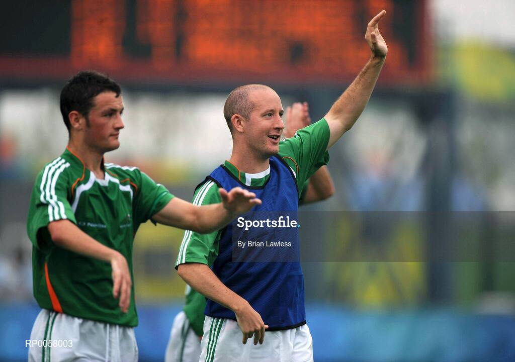 8 September 2008; Ireland's Aidan Brennan, from Lucan, Dublin and Gary Messett, left, from Bray, Co. Wicklow, wave to the fans after the match. Beijing Paralympic Games 2008, Ireland v Iran, 7-A-Side Soccer, First Round, Group B, Olympic Green Hockey Field A, Beijing, China. Picture credit: Brian Lawless / SPORTSFILE