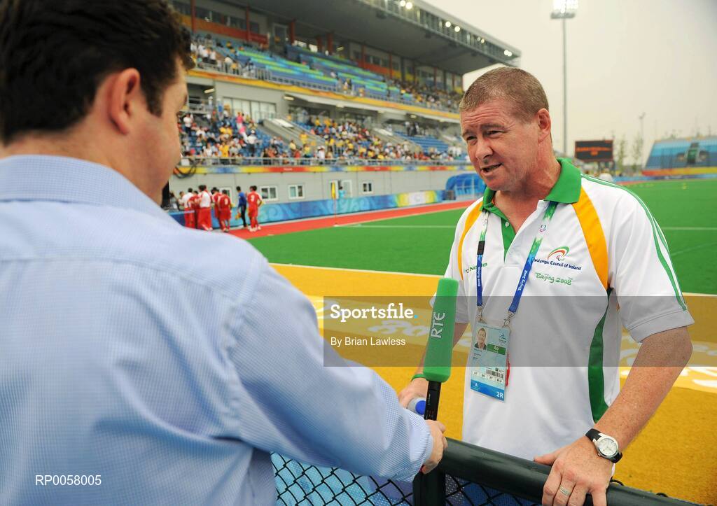8 September 2008; Ireland manager Paul Cassin, from Coolock, Dublin, is interviewed by RTE after the match. Beijing Paralympic Games 2008, Ireland v Iran, 7-A-Side Soccer, First Round, Group B, Olympic Green Hockey Field A, Beijing, China. Picture credit: Brian Lawless / SPORTSFILE