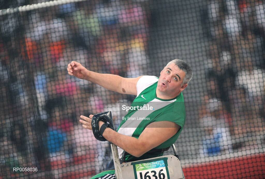 8 September 2008; Garrett Culliton, from Clonaslee, Co. Laois, in action during the Men's Discus Throw - F33/34/52 Final. Garrett finished in 5th position overall with a distance of 17.79m setting a new Irish record. Beijing Paralympic Games 2008, Men's Shot Putt Final F32, National Stadium, Olympic Green, Beijing, China. Picture credit: Brian Lawless / SPORTSFILE
