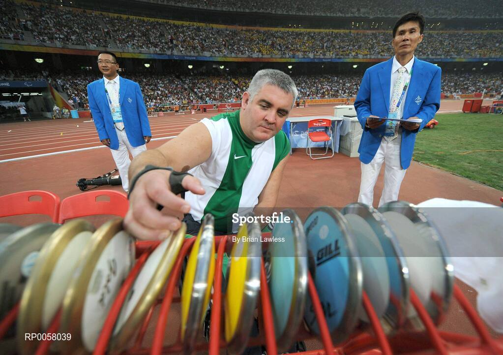 8 September 2008; Garrett Culliton, from Clonaslee, Co. Laois, selects his discus for the Men's Discus Throw - F33/34/52 Final. Garrett finished in 5th position overall with a distance of 17.79m setting a new Irish record. Beijing Paralympic Games 2008, Men's Shot Putt Final F32, National Stadium, Olympic Green, Beijing, China. Picture credit: Brian Lawless / SPORTSFILE