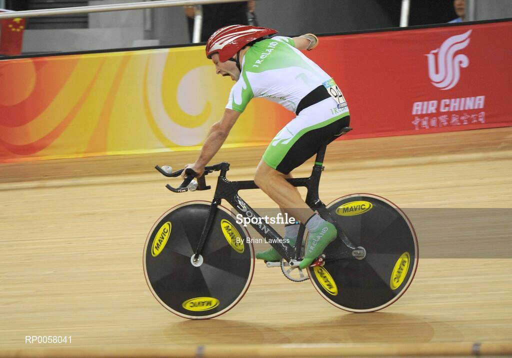 8 September 2008; Cathal Miller, from Artane, Dublin, celebrates after the Men's 4km Individual Pursuit (LC1) Qualifier. Cathal finished 5th in a time of 4.53:969 setting a new Irish Record and personal best, smashing his existing record by over 7 seconds. Beijing Paralympic Games 2008, Men's 4km Individual Pursuit (LC1) Qualifier, Laoshan Velodrome, Shijingshan District, Beijing, China. Picture credit: Brian Lawless / SPORTSFILE