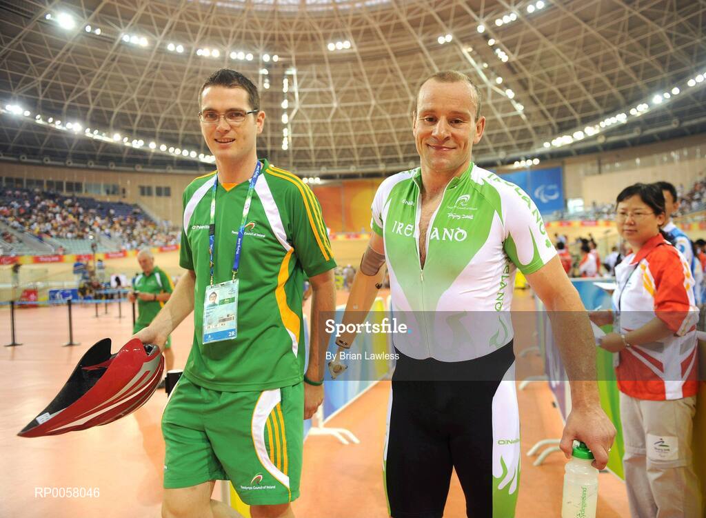 8 September 2008; Cathal Miller, from Artane, Dublin, with coach Brian Nugent, from Cookstown, Dublin, left, after the Men's 4km Individual Pursuit (LC1) Qualifier. Cathal finished 5th in a time of 4.53:969 setting a new Irish Record and personal best, smashing his existing record by over 7 seconds. Beijing Paralympic Games 2008, Men's 4km Individual Pursuit (LC1) Qualifier, Laoshan Velodrome, Shijingshan District, Beijing, China. Picture credit: Brian Lawless / SPORTSFILE