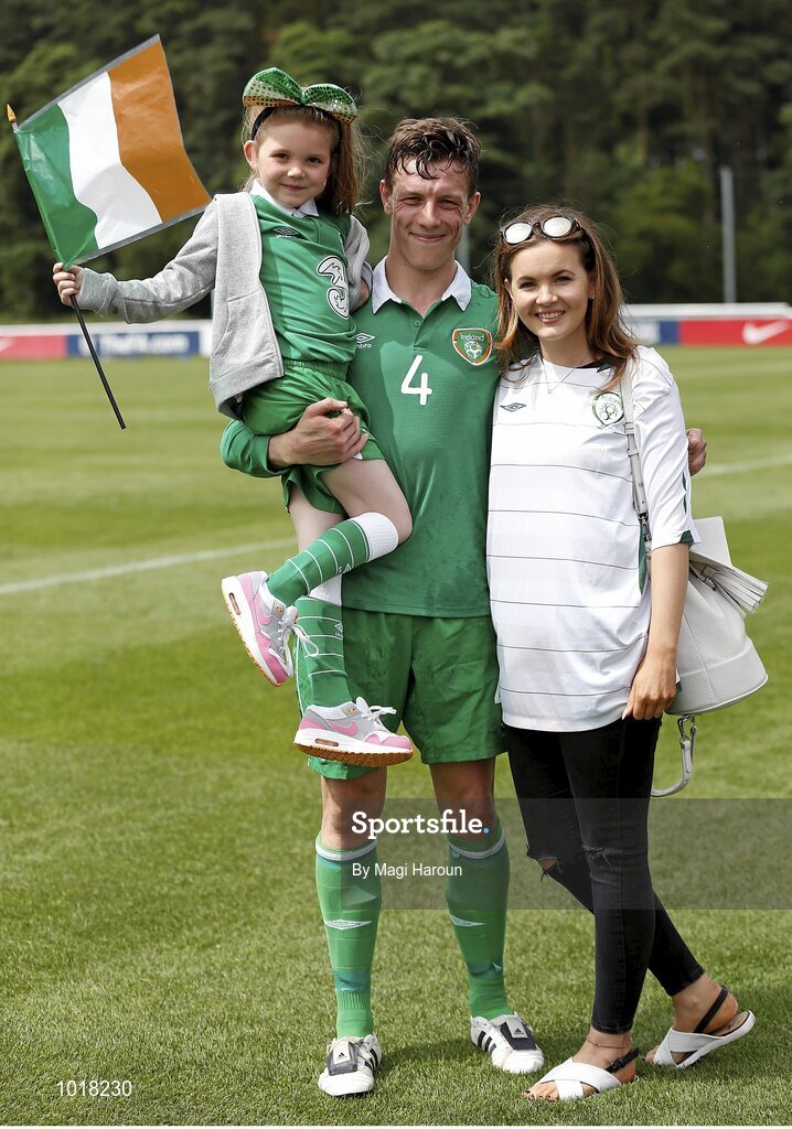 26 June 2015; Ireland's Luke Evans who scored his side's winning goal is pictured with his partner Sinead and her daughter Lily. This tournament is the only chance the Irish team have to secure a precious qualifying spot for the 2016 Rio Paralympic Games. 2015 CP Football World Championships, Ireland v Argentina, St. George’s Park, Tatenhill, Burton-upon-Trent, Staffordshire, England. Picture credit: Magi Haroun / SPORTSFILE