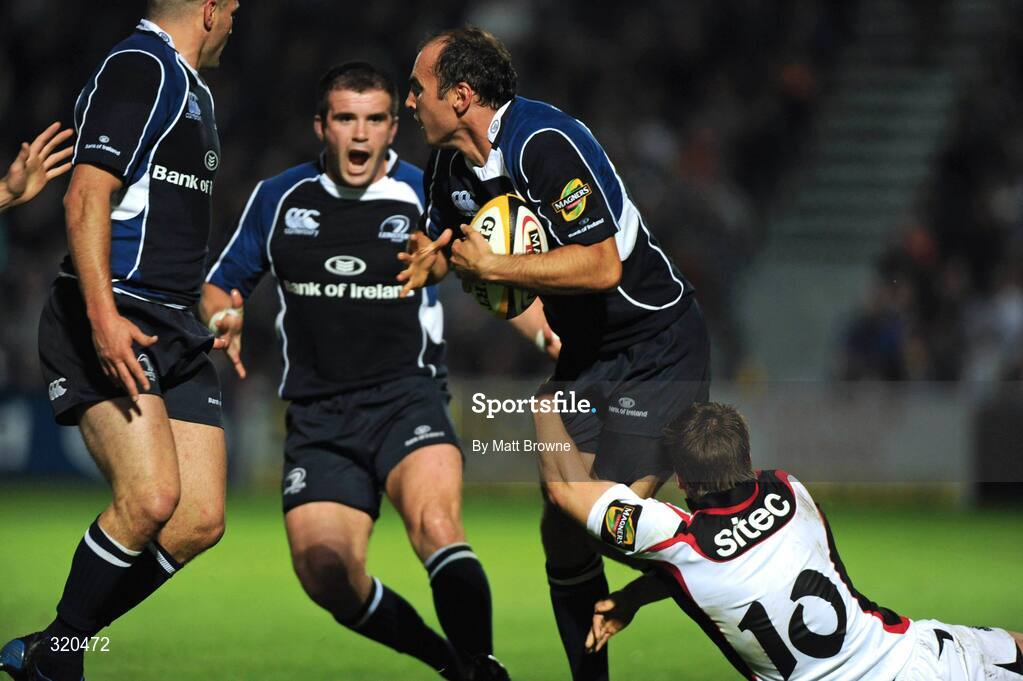 12 September 2008; Girvan Dempsey, Leinster, is tackled by Phil Godman, Edinburgh. Magners League, Leinster v Edinburgh, RDS, Ballsbridge, Dublin.  Picture credit: Matt Browne / SPORTSFILE
