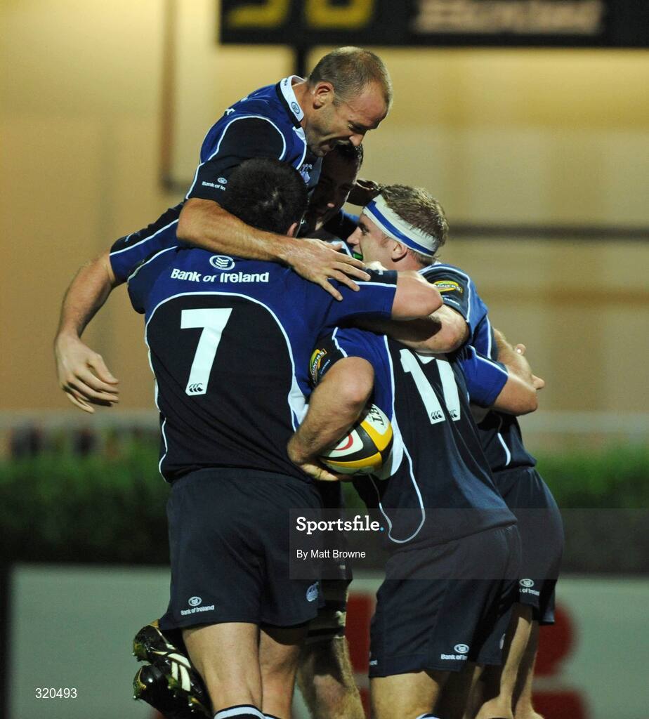 12 September 2008; John Fogarty, Leinster, is congratulated by team-mates Shane Jennings, 7, Jamie Heaslip, Devin Toner and captain Chris Whitaker after his try against Edinburgh. Magners League, Leinster v Edinburgh, RDS, Ballsbridge, Dublin.  Picture credit: Matt Browne / SPORTSFILE
