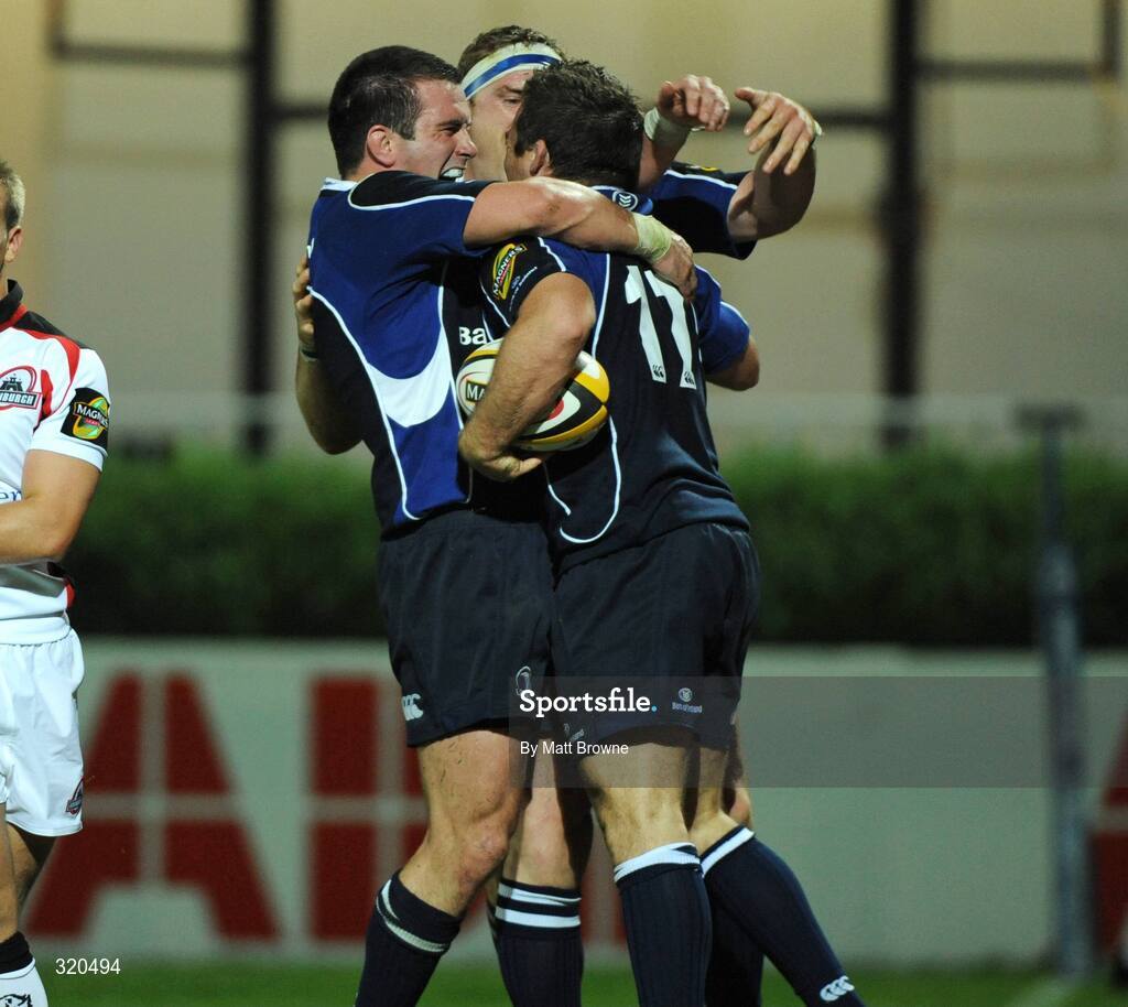 12 September 2008; John Fogarty, Leinster, is congratulated by team-mates Shane Jennings and Jamie Heaslip after his try against Edinburgh. Magners League, Leinster v Edinburgh, RDS, Ballsbridge, Dublin.  Picture credit: Matt Browne / SPORTSFILE
