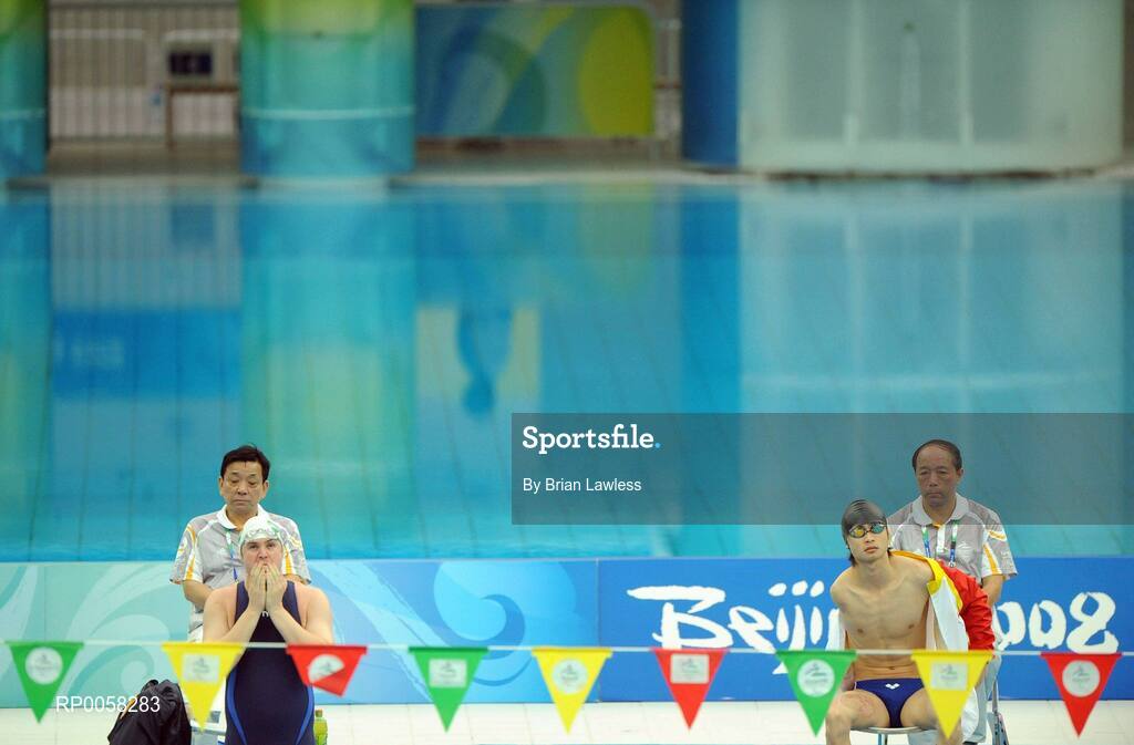 10 September 2008; Ireland's David Malone, from Ballinteer, Dublin, prepares for the Men's 100m Backstroke - S8. David finished his heat in a time of 1:16.80. This was to be Malone's last competitive swim at this level as the Dubliner announced his retirement afterwards. Malone, from Ballinteer is one of the greatest Irish Paralympians ever with a career spanning fifteen years at the highest level and three Paralympic medals to his name; silver in Atlanta 1996, gold in Sydney 2000, and bronze in Athens 2004. Beijing Paralympic Games 2008, Men's 100m Backstroke - S8, Heat 2, National Aquatic Centre, Olympic Green, Beijing, China. Picture credit: Brian Lawless / SPORTSFILE