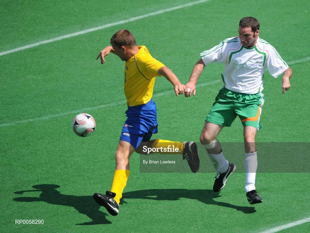 10 September 2008; Alan O'Hara, Ireland, in action against Denys Ponomaryov, Ukraine. Ireland lost their match 7-0 and will face Great Britain in their final group match this coming Friday the 12th. Beijing Paralympic Games 2008, Ireland v Ukraine, 7-A-Side Soccer, First Round, Group B, Match 6, Olympic Green Hockey Field A, Beijing, China. Picture credit: Brian Lawless / SPORTSFILE