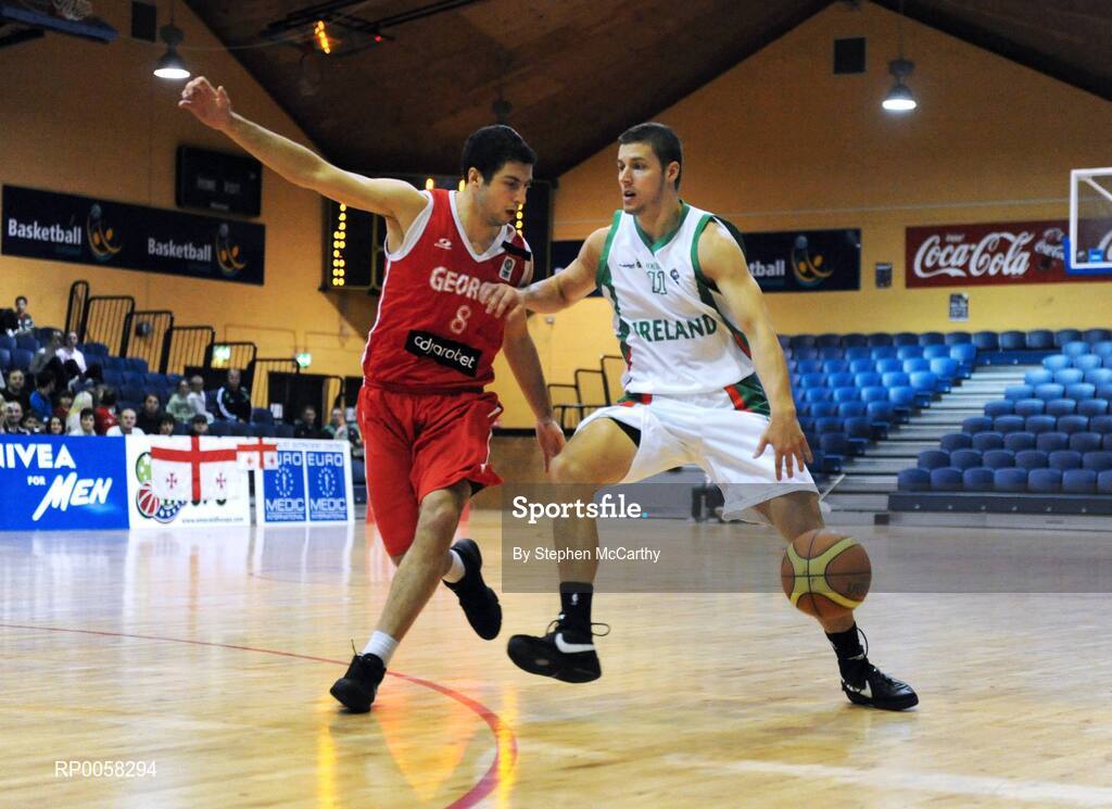 10 September 2008; Donnie McGrath, Ireland, in action against George Tsintsadze, Georgia. Senior Men's Basketball European Championship - Division B - Group C - Ireland v Georgia, National Basketball Arena, Tallaght, Dublin. Picture credit: Stephen McCarthy / SPORTSFILE
