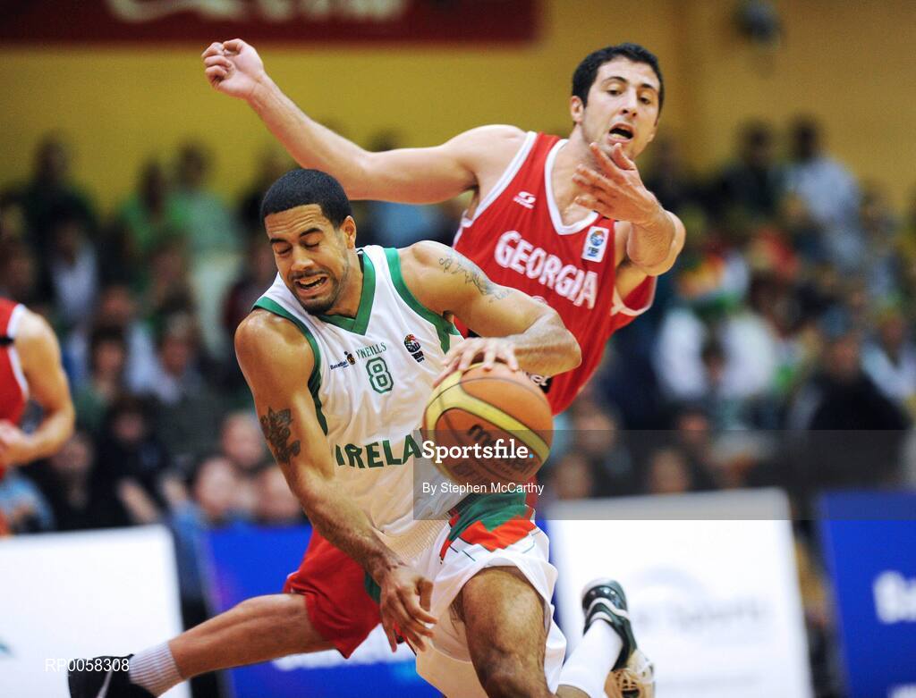 10 September 2008; Chris Bracey, Ireland, in action against George Tsintsadze, Georgia. Senior Men's Basketball European Championship - Division B - Group C - Ireland v Georgia, National Basketball Arena, Tallaght, Dublin. Picture credit: Stephen McCarthy / SPORTSFILE