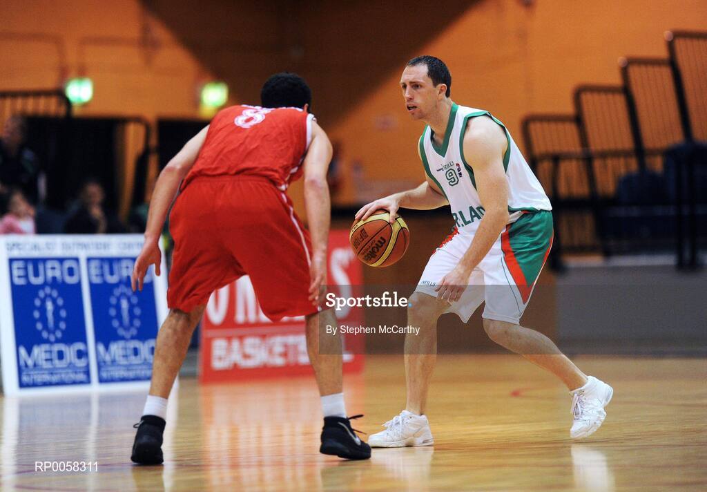 10 September 2008; Emmet Donnelly, Ireland, in action against George Tsintsadze, Georgia. Senior Men's Basketball European Championship - Division B - Group C - Ireland v Georgia, National Basketball Arena, Tallaght, Dublin. Picture credit: Stephen McCarthy / SPORTSFILE