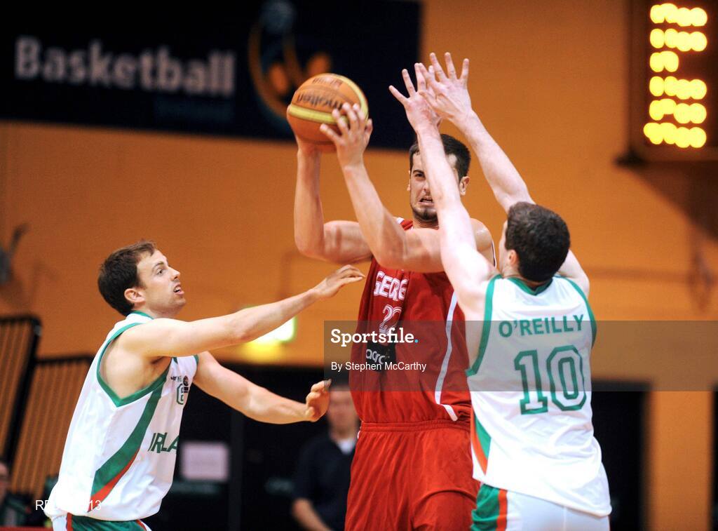 10 September 2008; Nikoloz Tskitishvili, Georgia, in action against Ian O'Boyle, left, Colin O'Reilly, Ireland. Senior Men's Basketball European Championship - Division B - Group C - Ireland v Georgia, National Basketball Arena, Tallaght, Dublin. Picture credit: Stephen McCarthy / SPORTSFILE