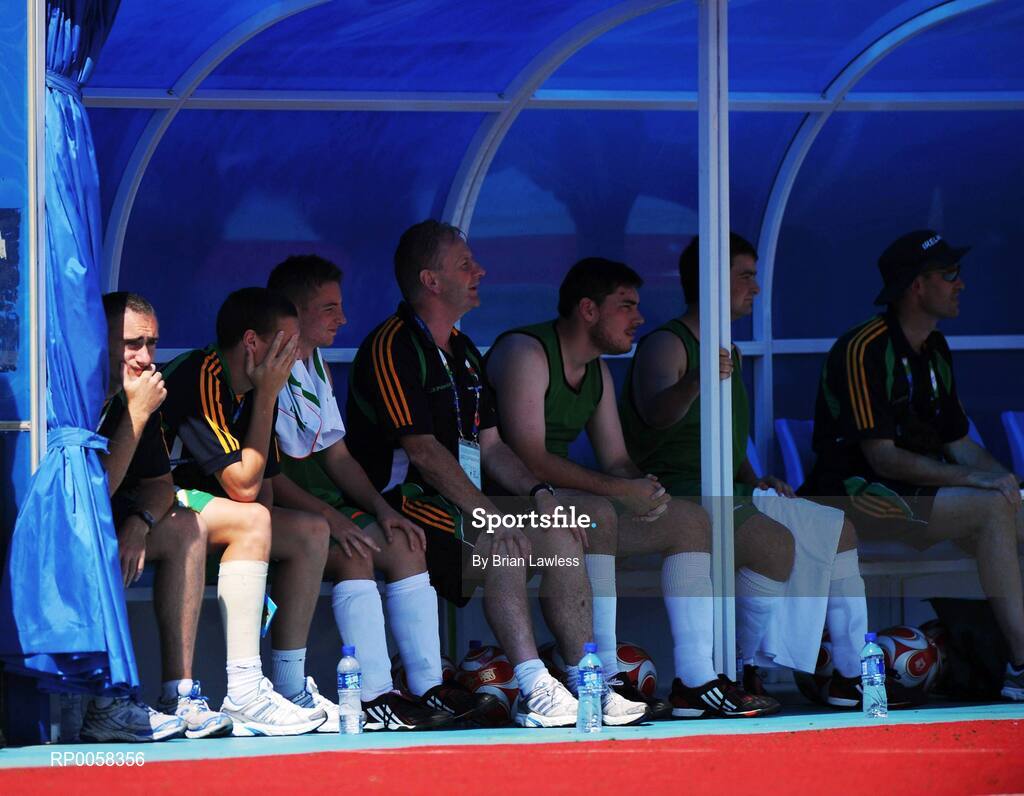 10 September 2008; Ireland's Derek Malone, from Whitegate, Co. Clare, left, sits on the bench during the match. Malone has been ruled ineligible to play in the 7-A-Side soccer competition by CP-ISRA (Cerebral Palsy International Sports and Recreation Association). Beijing Paralympic Games 2008, Ireland v Ukraine, 7-A-Side Soccer, First Round, Group B, Match 6, Olympic Green Hockey Field A, Beijing, China. Picture credit: Brian Lawless / SPORTSFILE