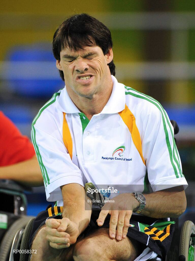 11 September 2008; Ireland's Gabriel Shelley, from Bagenalstown, Co. Carlow, reacts to a shot during the Mixed Team BC1-2 Quarter Final match. The Irish team exited the tournament at the hands of the Chinese with a final score of 12-2. Beijing Paralympic Games 2008, Mixed Team BC1-2,  Quarter Final, Ireland v China, Fencing Hall of National Convention Centre, Olympic Green, Beijing, China. Picture credit: Brian Lawless / SPORTSFILE