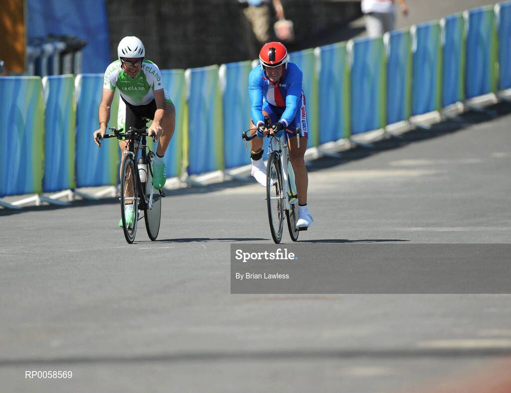 12 September 2008; Ireland's Enda Smyth, from Santry, Dublin, in action alongside Lubos Jirkda of the Czech Republic during the Men's Individual Time Trial CP 4 Final. Enda finished 9th overall with a time of 41:24.28. Beijing Paralympic Games 2008, Men's Individual Time Trial CP 4 Final, Road Cycling Course, Ming Tombs Reservoir, Beijing, China. Picture credit: Brian Lawless / SPORTSFILE