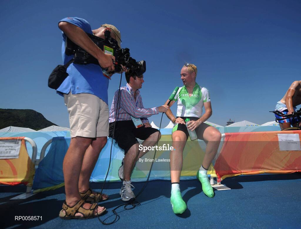 12 September 2008; Ireland's Enda Smyth, from Santry, Dublin, is interviewed for RTE after the Men's Individual Time Trial CP 4 Final. Enda finished 9th overall with a time of 41:24.28. Beijing Paralympic Games 2008, Men's Individual Time Trial CP 4 Final, Road Cycling Course, Ming Tombs Reservoir, Beijing, China. Picture credit: Brian Lawless / SPORTSFILE