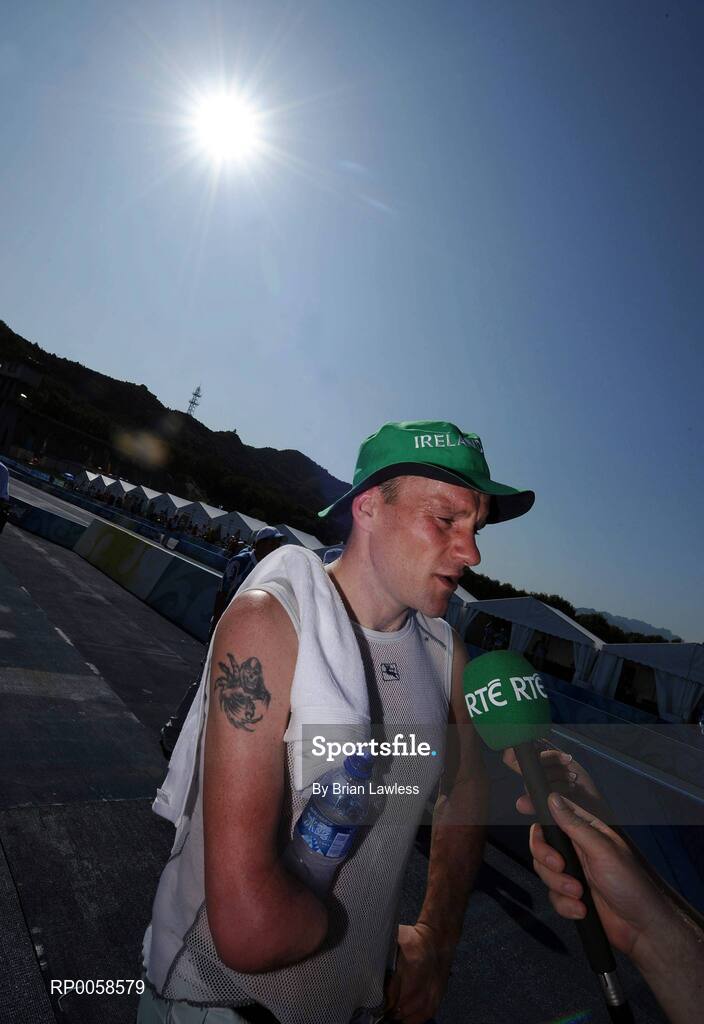 12 September 2008; Ireland's Cathal Miller, from Artane, Dublin, is interviewed for RTE after the Men's Time Trial - LC1 Final over a distance of 24.8km. Miller finished in 9th position overall with a time of 36:33.95. Beijing Paralympic Games 2008, Men's Time Trial - LC1 Final, Road Cycling Course, Ming Tombs Reservoir, Beijing, China. Picture credit: Brian Lawless / SPORTSFILE