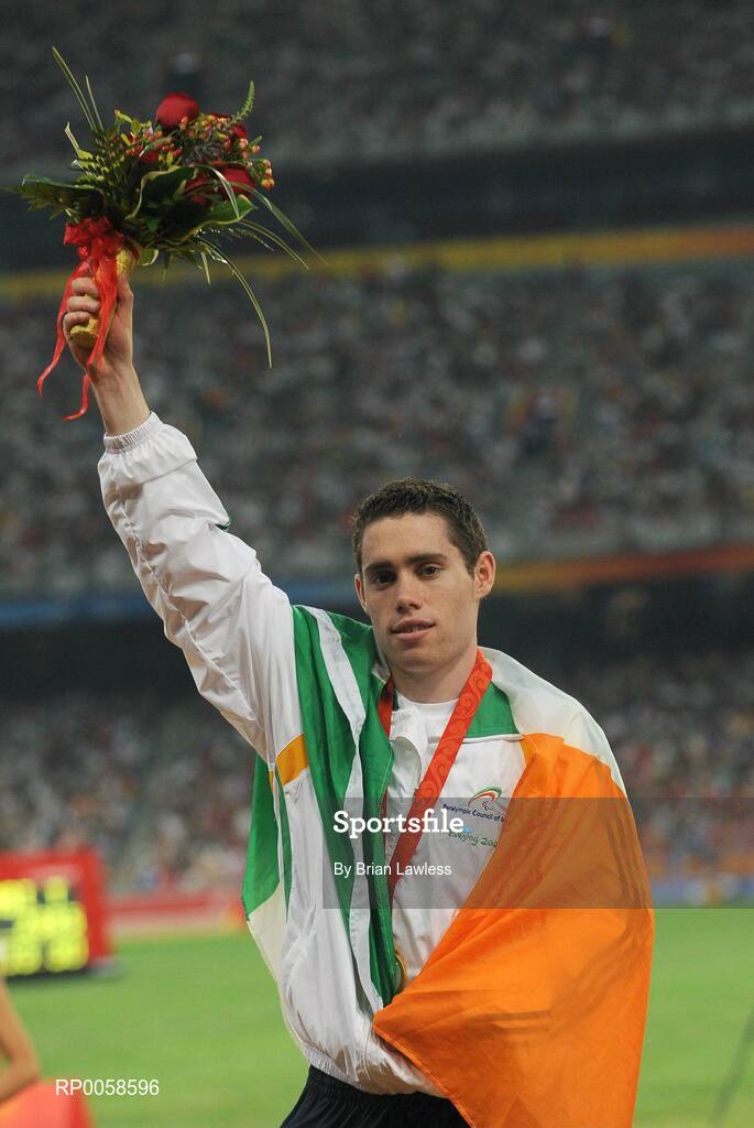 13 September 2008; Ireland's Jason Smyth, from Eglington, Co. Derry, celebrates on the podium after he won Gold in the Men's 100m T13 Final and set a new world and paralympic record in a time of 10.62, beating his own world record of 10.81 which he set in this mornings heats. Beijing Paralympic Games 2008, Men's 100m T13 Final, National Stadium, Olympic Green, Beijing, China. Picture credit: Brian Lawless / SPORTSFILE