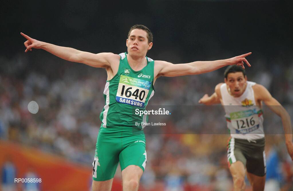 13 September 2008; Ireland's Jason Smyth, from Eglington, Co. Derry, celebrates after crossing the finish line in the Men's 100m T13 Final to win Gold and set a new world and paralympic record in a time of 10.62, beating his own world record of 10.81 which he set in this mornings heats. Beijing Paralympic Games 2008, Men's 100m T13 Final, National Stadium, Olympic Green, Beijing, China. Picture credit: Brian Lawless / SPORTSFILE