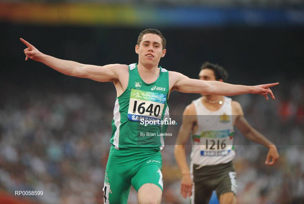 13 September 2008; Ireland's Jason Smyth, from Eglington, Co. Derry, celebrates after crossing the finish line in the Men's 100m T13 Final to win Gold and set a new world and paralympic record in a time of 10.62, beating his own world record of 10.81 which he set in this mornings heats. Beijing Paralympic Games 2008, Men's 100m T13 Final, National Stadium, Olympic Green, Beijing, China. Picture credit: Brian Lawless / SPORTSFILE