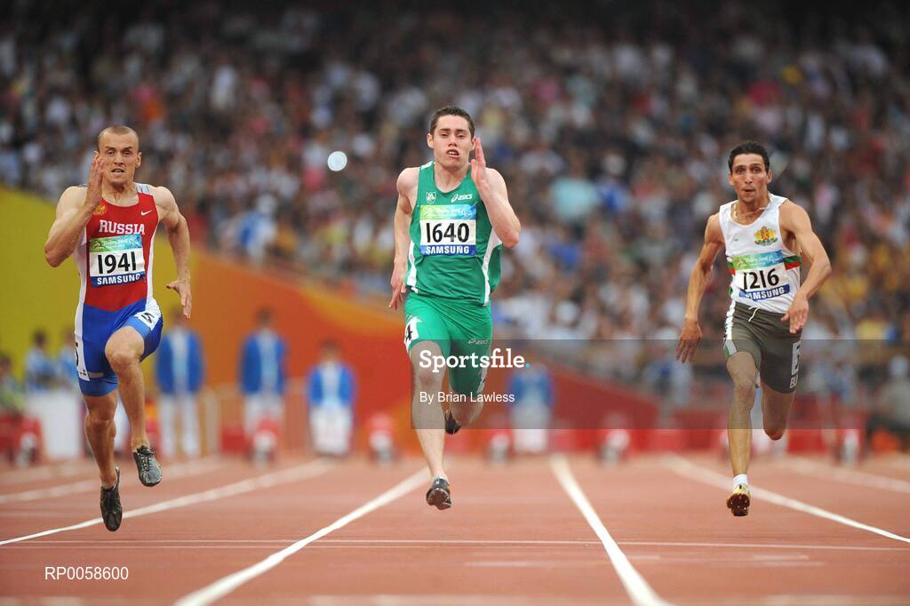 13 September 2008; Ireland's Jason Smyth, from Eglington, Co. Derry, leads eventual second Alexey Labzin, Russia, left, and eventual 6th Radoslav Zlatanov, Bulgaria, on his way to winning the Men's 100m T13 Final to win Gold and set a new world and paralympic record in a time of 10.62, beating his own world record of 10.81 which he set in this mornings heats. Beijing Paralympic Games 2008, Men's 100m T13 Final, National Stadium, Olympic Green, Beijing, China. Picture credit: Brian Lawless / SPORTSFILE
