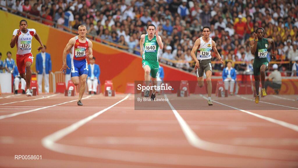 13 September 2008; Ireland's Jason Smyth, from Eglington, Co. Derry, centre, on his way to winning the Men's 100m T13 Final to win Gold and set a new world and paralympic record in a time of 10.62, beating his own world record of 10.81 which he set in this mornings heats. Beijing Paralympic Games 2008, Men's 100m T13 Final, National Stadium, Olympic Green, Beijing, China. Picture credit: Brian Lawless / SPORTSFILE