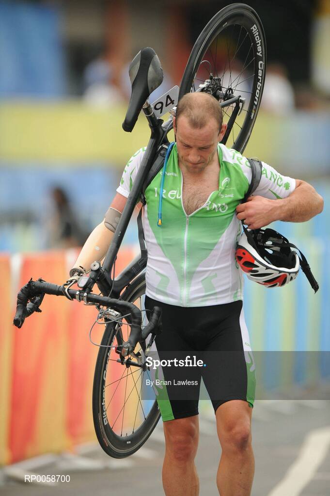 13 September 2008; Ireland's Cathal Miller, after he was forced to pull out of the Men's Road Race - LC1 / 2 / CP4 over a distance of 72.6km. Miller's race was ended by a punctured back tyre on the 3rd lap as he was sitting comfortably in the leading pack. Beijing Paralympic Games 2008, Men's Road Race - LC1 / 2 / CP4, Road Cycling Course, Ming Tombs Reservoir, Beijing, China. Picture credit: Brian Lawless / SPORTSFILE