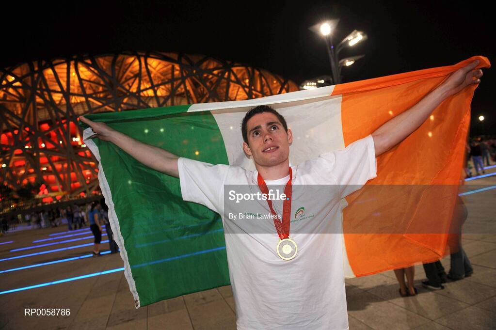 13 September 2008; Ireland's Jason Smyth, from Eglinton, Co. Derry, outside the 'Bird's Nest' after winning Gold in the Men's 100m T13 Final and setting a new world and paralympic record in a time of 10.62, beating his own world record of 10.81 which he set in this morning's heats. Beijing Paralympic Games 2008, Men's 100m T13 Final, National Stadium, Olympic Green, Beijing, China. Picture credit: Brian Lawless / SPORTSFILE