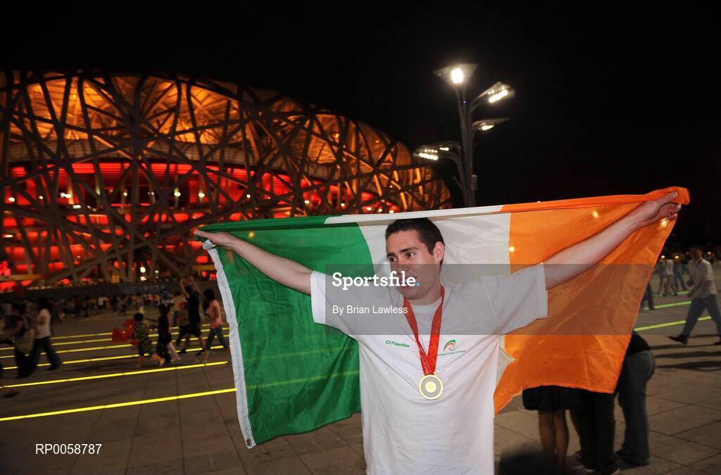 13 September 2008; Ireland's Jason Smyth, from Eglinton, Co. Derry, outside the 'Bird's Nest' after winning Gold in the Men's 100m T13 Final and setting a new world and paralympic record in a time of 10.62, beating his own world record of 10.81 which he set in this morning's heats. Beijing Paralympic Games 2008, Men's 100m T13 Final, National Stadium, Olympic Green, Beijing, China. Picture credit: Brian Lawless / SPORTSFILE