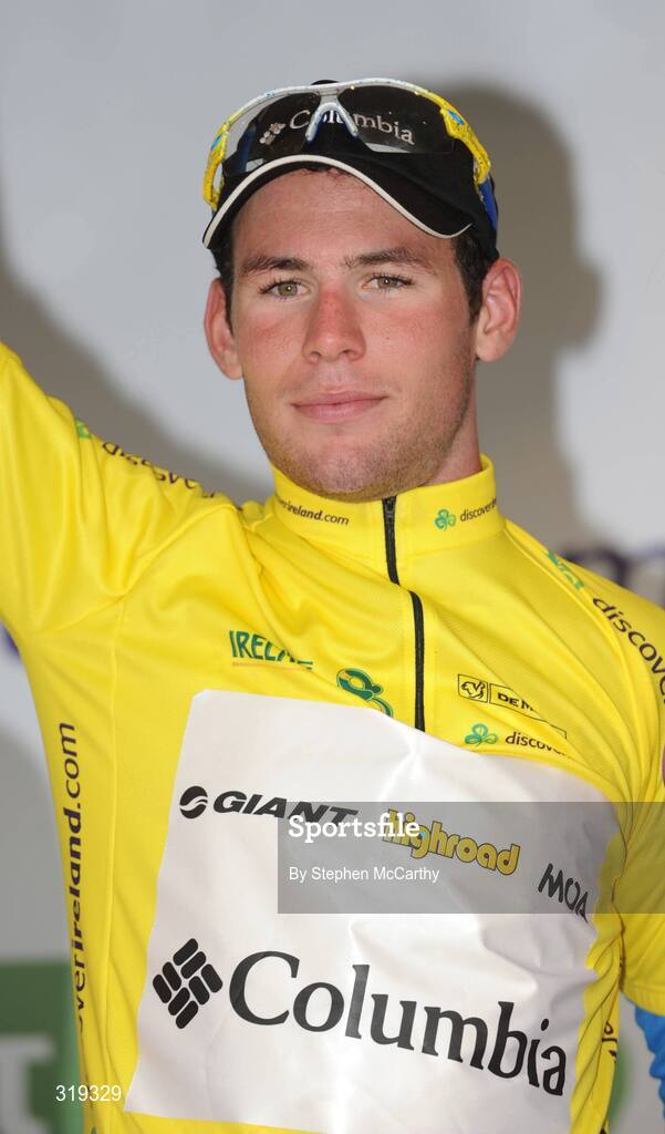28 August 2008; Mark Cavendish, Team Columbia, after being presented with the race leaders yellow jersey. 2008 Tour of Ireland - Stage 2, Thurles - Loughrea. Picture credit: Stephen McCarthy / SPORTSFILE